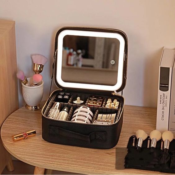 Makeup Travel Bag Organizer with LED Mirror and Dividers