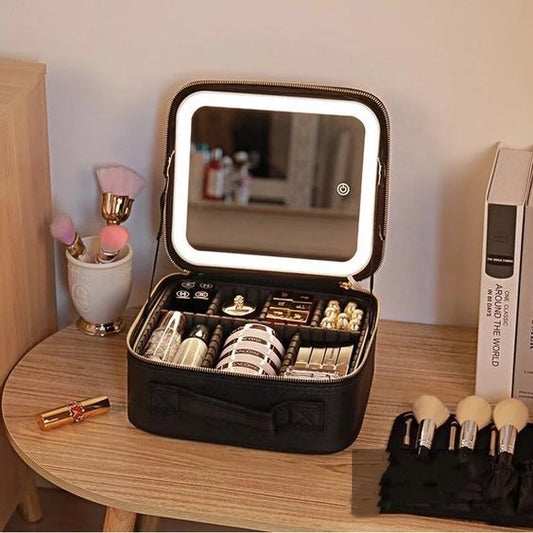 Makeup Travel Bag Organizer with LED Mirror and 6 Dividers